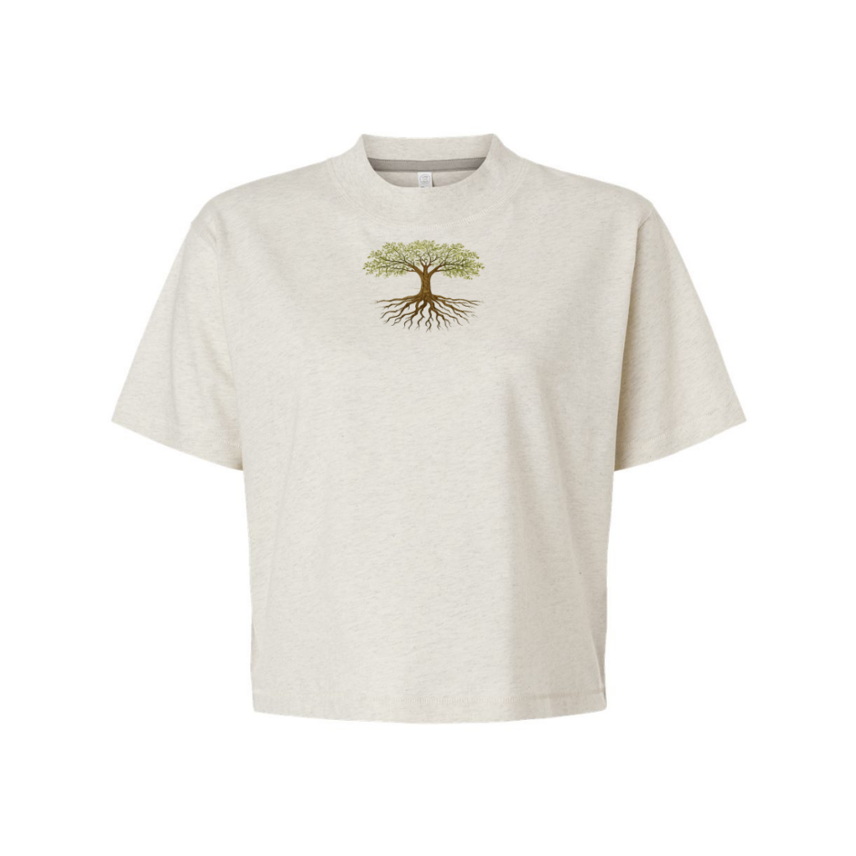 women's oversized/boxy modest shirt (Rooted in Christ) light gray